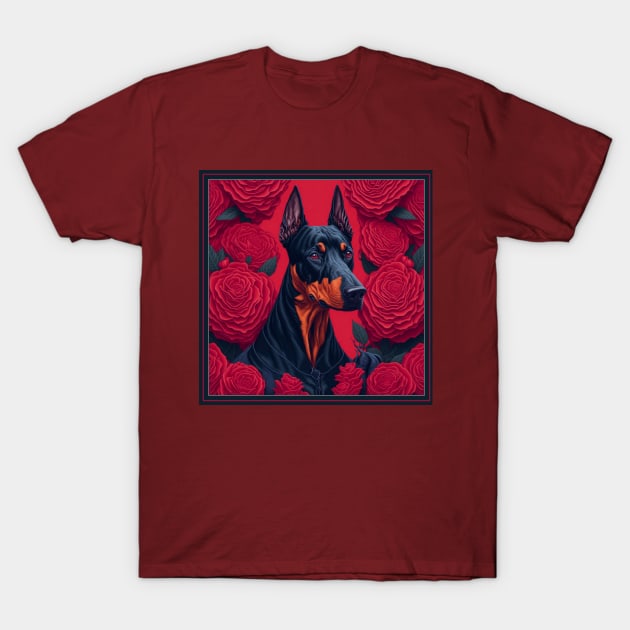 Dogs, doberman and flowers, dog, seamless print, style vector (red version 2 doberman) T-Shirt by xlhombat